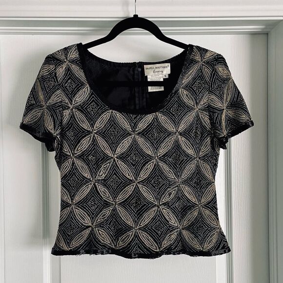 Papell Boutique Evening Black and Gold.Beaded 100% Silk Top - Picture 3 of 15